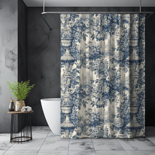 Vintage Blue Floral Toile de Jouy Shower Curtain