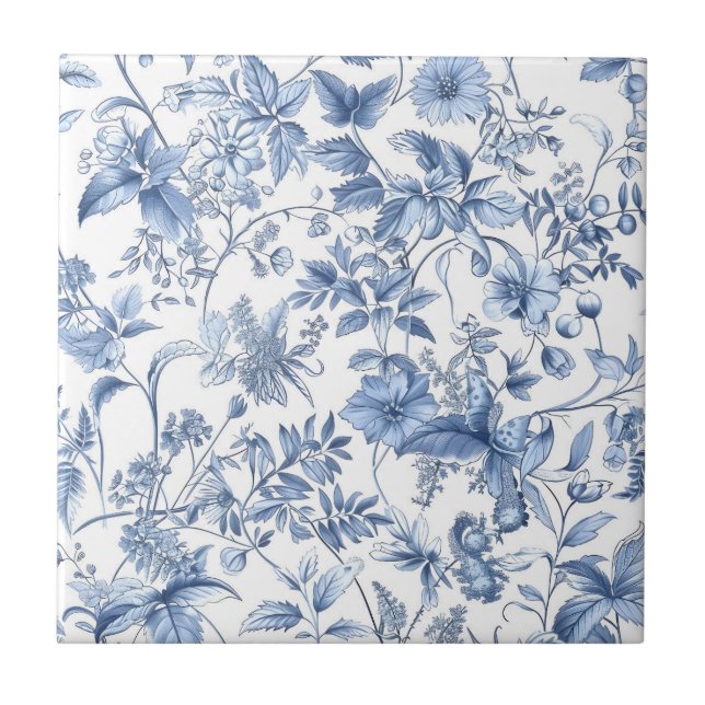 Vintage Blue Floral Toile Elegant Tile (Front)