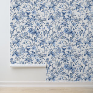 Vintage Blue Floral Toile Elegant Wallpaper