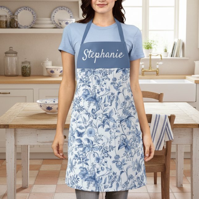 Vintage Blue Floral Toile Monogram Apron (Creator Uploaded)