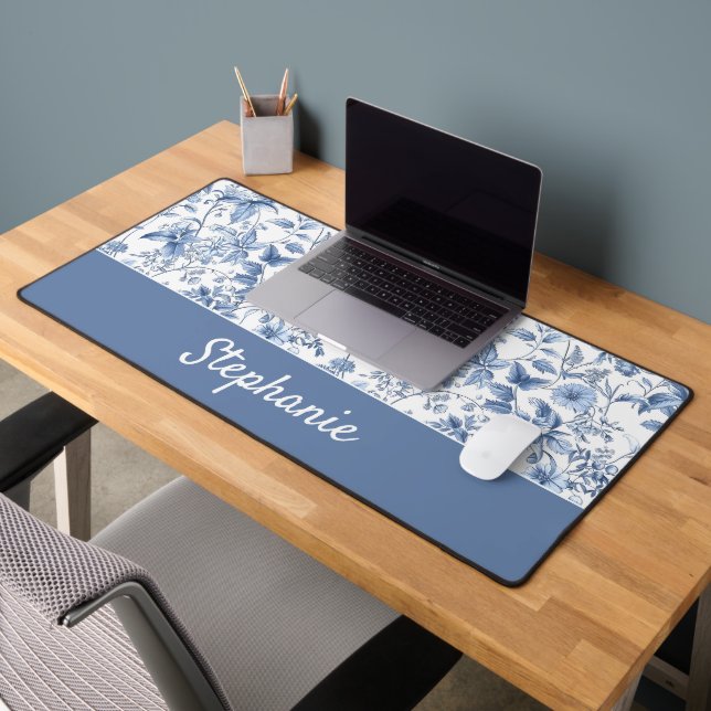Vintage Blue Floral Toile Monogram Desk Mat (Office 2)
