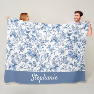 Vintage Blue Floral Toile Monogram Fleece Blanket