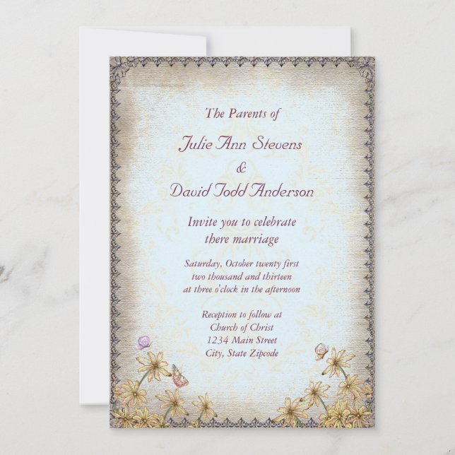 Vintage Blue Floral Wedding Invitation (Front)