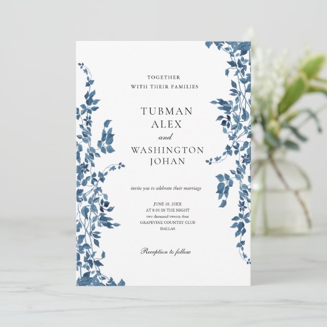 Vintage Blue Floral Wedding Invitation (Standing Front)