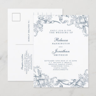 Vintage Blue Floral Wedding Invitation Postcard
