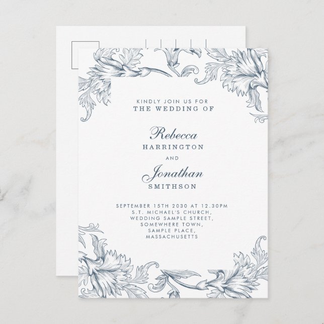 Vintage Blue Floral Wedding Invitation Postcard (Front/Back)