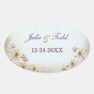 Vintage Blue Floral Wedding Save The Date Oval Sticker