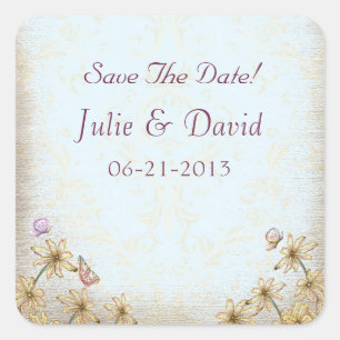 Vintage Blue Floral Wedding Save The Date Square Sticker