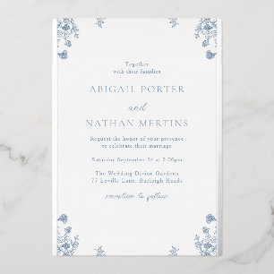 Vintage Blue Floral Wedding Silver Foil