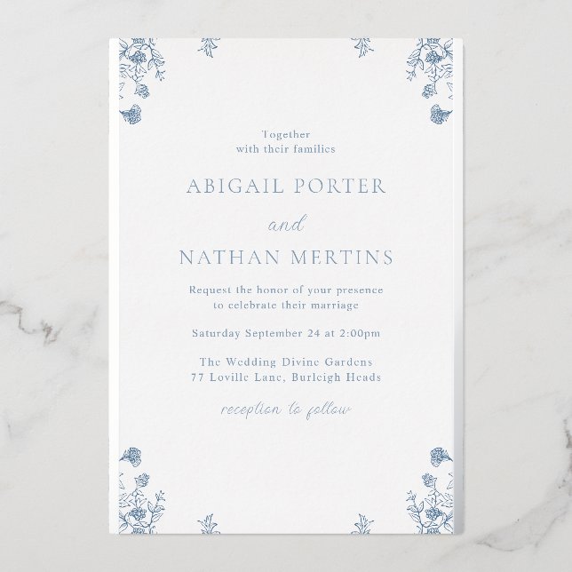 Vintage Blue Floral Wedding Silver Foil (Front)