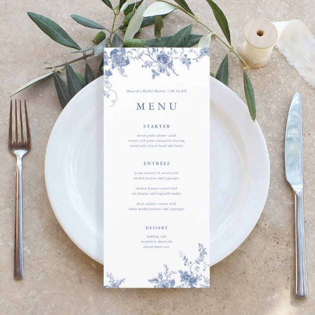 Vintage Blue Floral Wedding Table Menu Cards (Creator Uploaded)