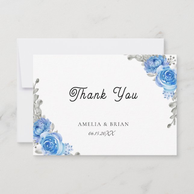 Vintage Blue Floral Wedding Thank You Card (Front)