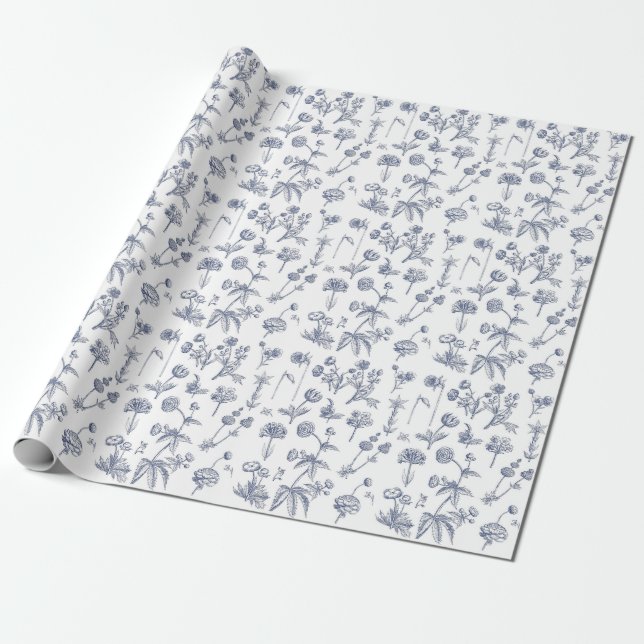 Vintage Blue Floral Wildflower Garden  Wrapping Paper (Unrolled)