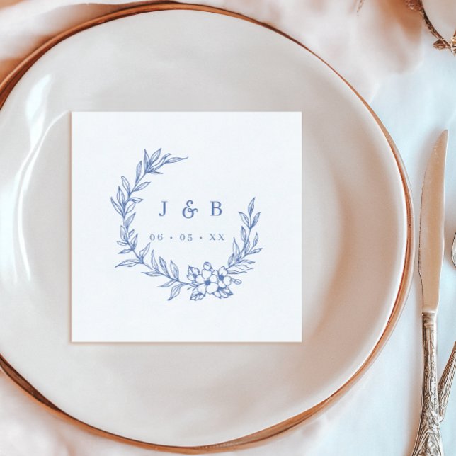 Vintage Blue Floral Wreath Monogram  Napkin (Creator Uploaded)