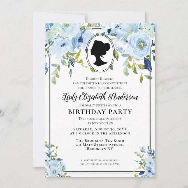 Vintage Blue Florals Regency Society Birthday Invitation (Front)