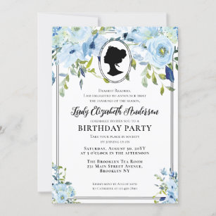 Vintage Blue Florals Regency Society Birthday Invitation