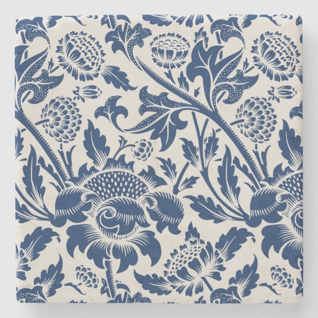 Vintage Blue Flower Pattern Stone Coaster (Front)