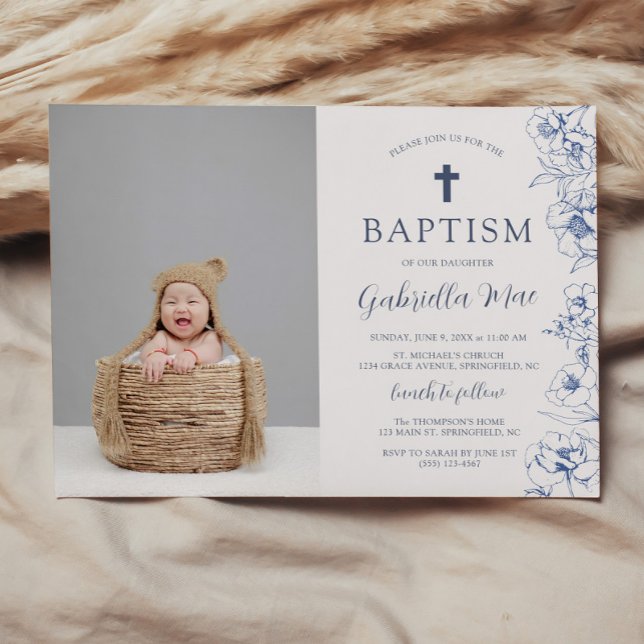 Vintage Blue Flowers Baptism Photo Invitation (Vintage Blue Floral Baptism Photo Invitation)