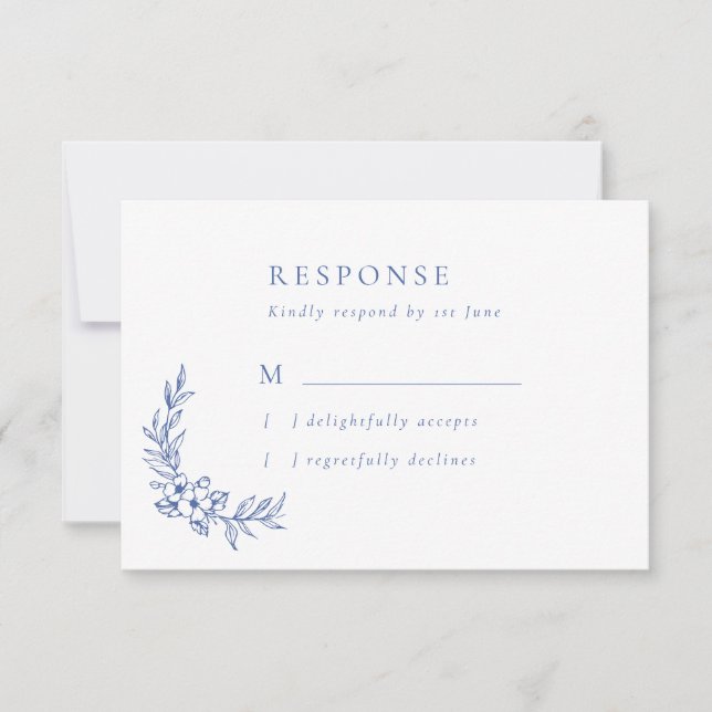 Vintage Blue Flowers & Leaves Wedding RSVP Card (Front)