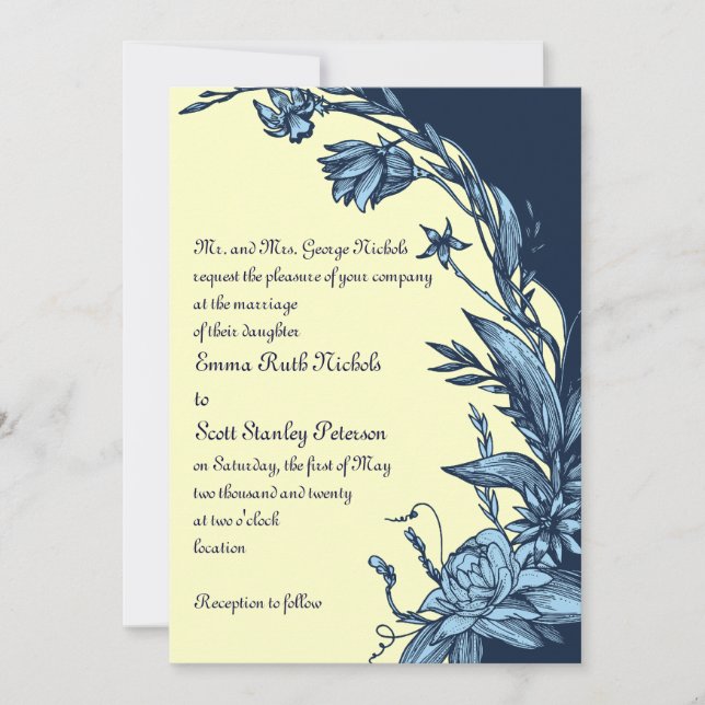 Vintage blue flowers on pale yellow wedding invitation (Front)