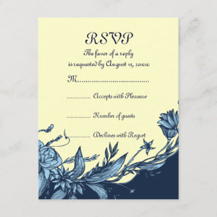 Vintage blue flowers pale yellow flowers RSVP card