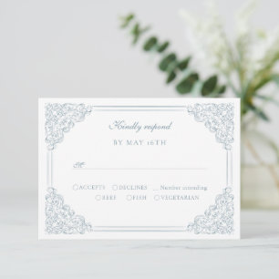 Vintage Blue Frame Elegant Script Wedding   RSVP Card
