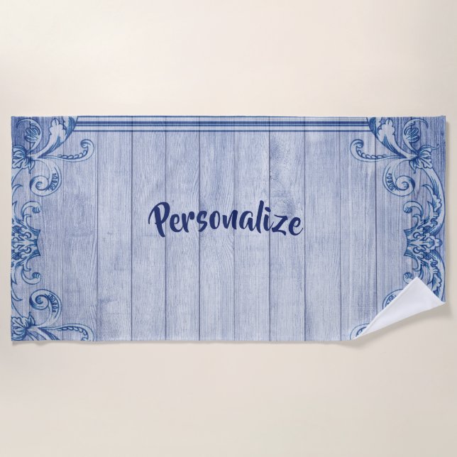 Vintage Blue Frame Personalise Summer Beach Towel (Front)