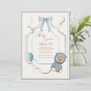 Vintage Blue Frame Rustic Bear Balloons Baby Invitation