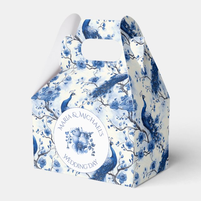 Vintage Blue French Chinoiserie Peacock Wedding Favour Box (Front Side)