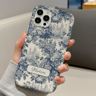 Vintage Blue French Floral Toile Monogram iPhone 16 Case