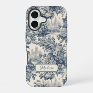 Vintage Blue French Floral Toile Monogram iPhone 16 Case