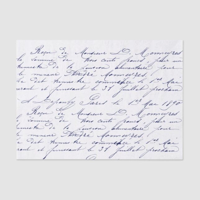 Vintage Blue French Script Handwriting Cursive Tissue Paper (Front)