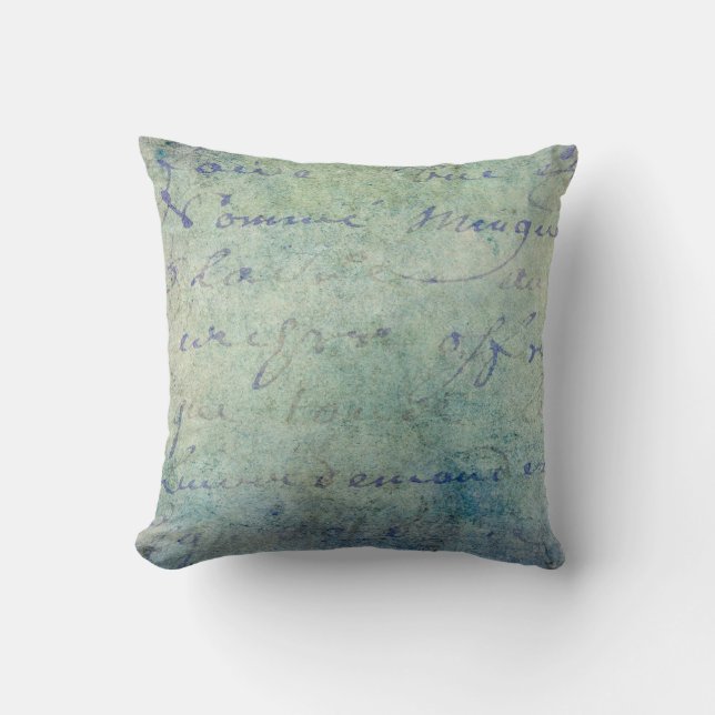 Vintage Blue French Script Parchment Paper Cushion (Front)