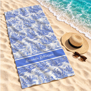 Vintage Blue French Toile de Jouy Botanical Beach Towel
