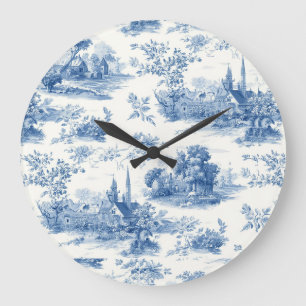 Vintage blue french toile de Jouy Floral pattern Large Clock