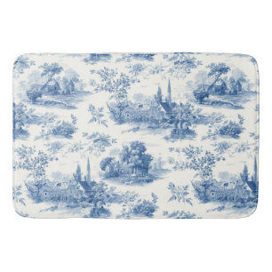 Vintage blue french toile Jouy Floral pattern Bath Mat