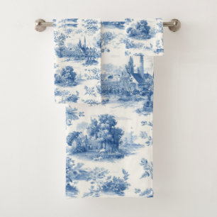  Vintage blue french toile Jouy Floral pattern Bath Towel Set