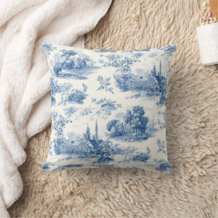 Vintage blue french toile Jouy Floral pattern Cushion
