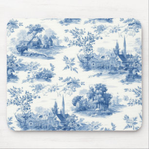 Vintage blue french toile Jouy Floral pattern Mouse Mat