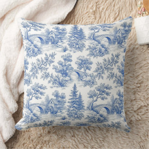 Vintage Blue French Toile Woodland Landscape Cushion