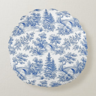 Vintage Blue French Toile Woodland Landscape Round Cushion