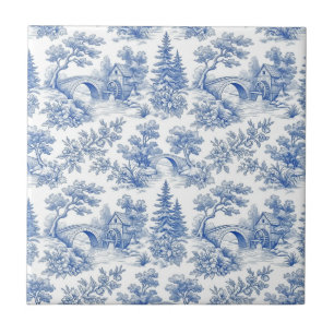 Vintage Blue French Toile Woodland Landscape Tile