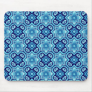 Vintage Blue Geometric Floral Pattern Mouse Mat