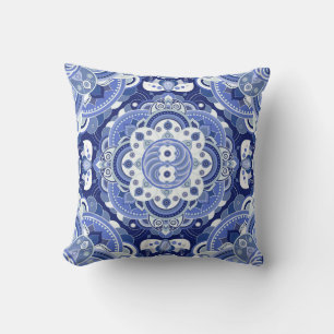 Vintage blue geometric, Indian ornament. Cushion