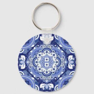 Vintage blue geometric, Indian ornament. Key Ring