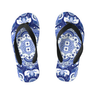 Vintage blue geometric, Indian ornament. Kid's Flip Flops