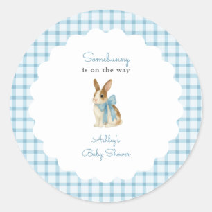 Vintage Blue Gingham Bunny Boy Baby Shower Classic Round Sticker