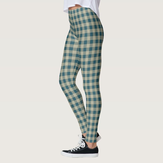 Vintage Blue Gingham Chequered Leggings (Left)