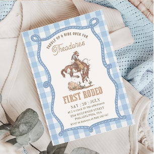 Vintage Blue Gingham First Rodeo Invitation