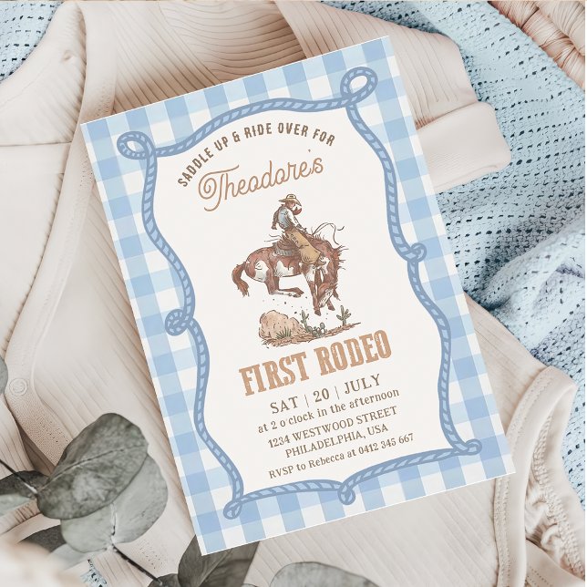 Vintage Blue Gingham First Rodeo Invitation (Creator Uploaded)